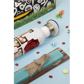 Love lights and roses, Πασχαλινή Λαμπάδα με παγούρι μεταλλικό Ασημένιο αλουμινίου (500ml) & κερί αρωματικό πλακέ (30cm) (ΤΙΡΚΟΥΑΖ)