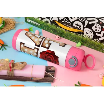 Love lights and roses, Easter candle, Childrens hot water bottle, stainless steel, with safety straw, PINK (500ml)