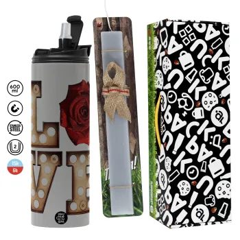 Love lights and roses, Πασχαλινή Λαμπάδα με Travel Tumbler θερμό (600ml, BPA free) & κερί αρωματικό πλακέ (30cm) (ΓΚΡΙ)