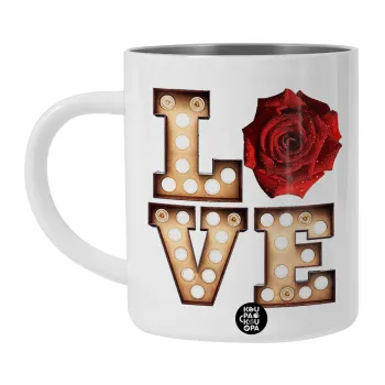 Love lights and roses, Λευκή Ανοξείδωτη Μεταλλική Κούπα 450ml - Διπλού Τοιχώματος 