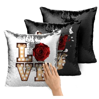 Love lights and roses, Μαξιλάρι καναπέ Μαγικό Μαύρο με πούλιες 40x40cm περιέχεται το γέμισμα