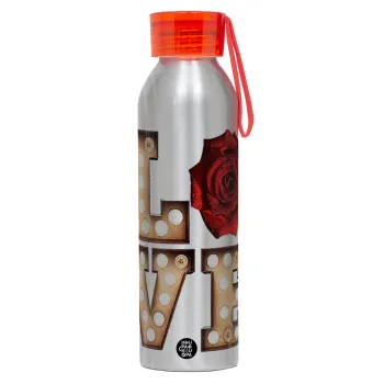 Love lights and roses, Aluminum Sports Bottle 650ml – Silver with Red Cap and Silicone Strap