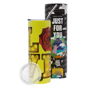 Love lights and roses, Neon Yellow Travel Tumbler θερμό, μεταλλικό καλαμάκι(Ανωξείδωτο 304 Food grade, BPA free, 600ml)