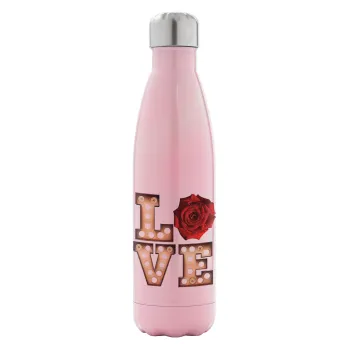 Love lights and roses, Metal mug thermos Pink Iridiscent (Stainless steel), double wall, 500ml