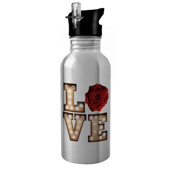 Love lights and roses, Water bottle Silver with straw, stainless steel 600ml