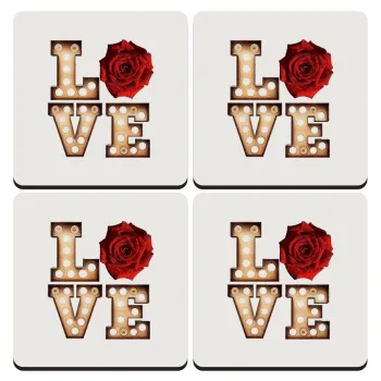 Love lights and roses, ΣΕΤ 4 Σουβέρ ξύλινα τετράγωνα (9cm)