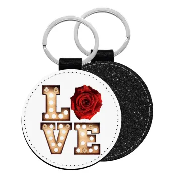 Love lights and roses, Μπρελόκ Δερματίνη, στρογγυλό ΜΑΥΡΟ (5cm)