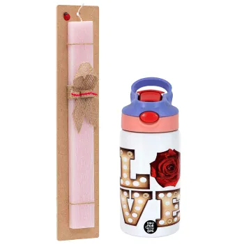 Love lights and roses, Easter Set, Children's thermal stainless steel water bottle with safety straw, pink/purple (350ml) & Easter scented flat candle (30cm) (PINK)