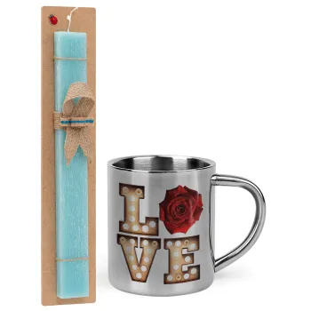 Love lights and roses, Easter Set, metallic thermal cup (300ml) & aromatic flat Easter candle (30cm) (TURQUOISE)