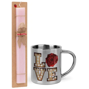 Love lights and roses, Easter Set, metallic thermal cup (300ml) & aromatic flat Easter candle (30cm) (PINK)