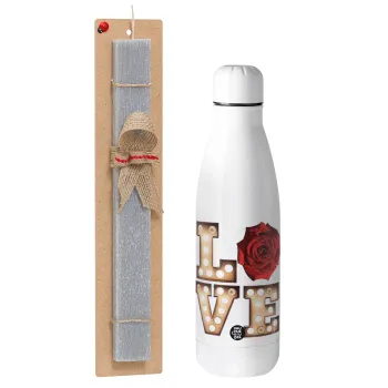 Love lights and roses, Easter Set, metallic stainless thermos bottle (500ml) & scented flat Easter candle (30cm) (GRAY)