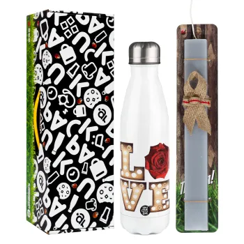 Love lights and roses, Easter candle, metallic white thermos bottle (500ml) & aromatic flat candle (30cm) (GRAY)