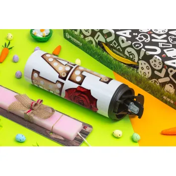 Love lights and roses, Πασχαλινή Λαμπάδα με Travel Tumbler θερμό με διπλό καπάκι (600ml, BPA free) & κερί αρωματικό πλακέ (30cm) (ΡΟΖ)