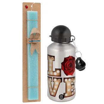 Love lights and roses, Easter Set, metallic silver aluminum water bottle (500ml) & scented flat Easter candle (30cm) (TURQUOISE)