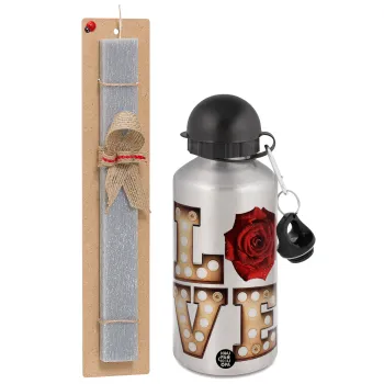 Love lights and roses, Πασχαλινή Λαμπάδα με παγούρι μεταλλικό Ασημένιο αλουμινίου (500ml) & κερί αρωματικό πλακέ (30cm) (ΓΚΡΙ)