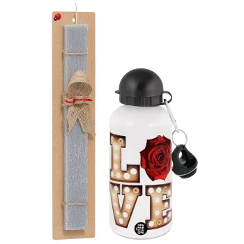 Love lights and roses, Πασχαλινή Λαμπάδα με παγούρι μεταλλικό  αλουμινίου (500ml) & κερί αρωματικό πλακέ (30cm) (ΓΚΡΙ)