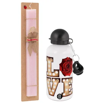 Love lights and roses, Easter Set, metallic aluminum bottle (500ml) & aromatic flat Easter candle (30cm) (PINK)