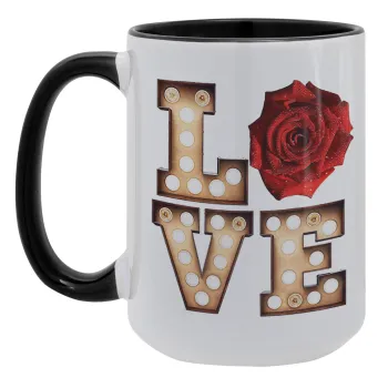 Love lights and roses, Κούπα Mega 15oz, κεραμική Μαύρη, 450ml