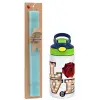 Easter Set, Children's thermal stainless steel bottle with safety straw, green/blue (350ml) & aromatic flat Easter candle (30cm) (TURQUOISE)