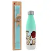 Easter Set, Metallic green/white thermos (Stainless steel), double-walled, 500ml & scented flat Easter candle (30cm) (TURQUOISE)