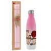Easter Set, Metallic pink/white (Stainless steel) thermos, double-walled, 500ml & aromatic flat Easter candle (30cm) (PINK)