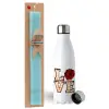 Easter Set, metallic stainless steel water bottle (750ml) & aromatic flat Easter candle (30cm) (TURQUOISE)