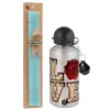 Easter Set, metallic silver aluminum water bottle (500ml) & scented flat Easter candle (30cm) (TURQUOISE)