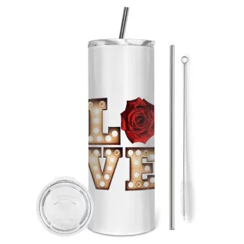 Love lights and roses, Tumbler ποτήρι θερμό από ανοξείδωτο ατσάλι 600ml, με μεταλλικό καλαμάκι & βούρτσα καθαρισμού