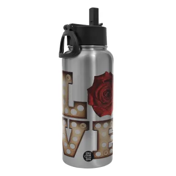 Love lights and roses, Metal mug thermo Silver with Straw and Spout Lid (Stainless steel), double wall, 950ml
