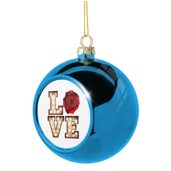 Love lights and roses, Blue Christmas tree ball ornament 8cm