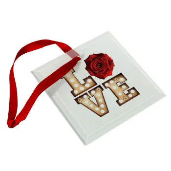Love lights and roses, Στολίδι Χριστουγεννιάτικο στολίδι γυάλινο τετράγωνο 9x9cm