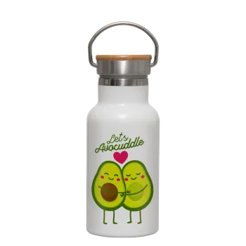 Let's avocuddle, Metallic thermos (Stainless steel) White with wooden lid (bamboo), double-walled, 350ml