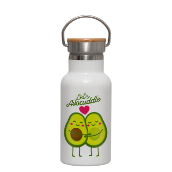 Let's avocuddle, Metallic thermos (Stainless steel) White with wooden lid (bamboo), double-walled, 350ml