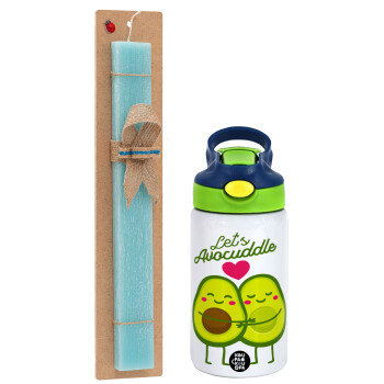 Let's avocuddle, Easter Set, Children's thermal stainless steel bottle with safety straw, green/blue (350ml) & aromatic flat Easter candle (30cm) (TURQUOISE)