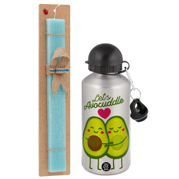 Let's avocuddle, Easter Set, metallic silver aluminum water bottle (500ml) & scented flat Easter candle (30cm) (TURQUOISE)