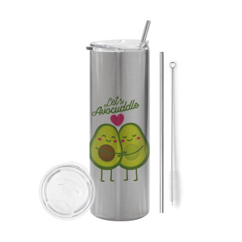 Let's avocuddle, Eco friendly stainless steel Silver tumbler 600ml, with metal straw & cleaning brush
