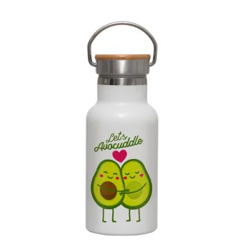 Let's avocuddle, Metallic thermos (Stainless steel) White with wooden lid (bamboo), double-walled, 350ml