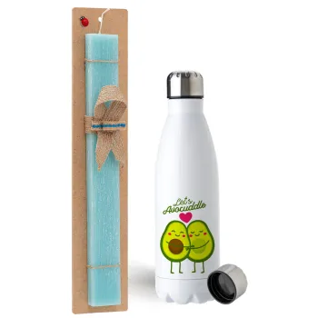 Let's avocuddle, Easter Set, metallic stainless steel water bottle (750ml) & aromatic flat Easter candle (30cm) (TURQUOISE)