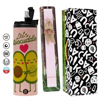Let's avocuddle, Πασχαλινή Λαμπάδα με  ΡΟΖ Travel Tumbler θερμό (600ml, BPA free) & κερί αρωματικό πλακέ (30cm) (ΡΟΖ)