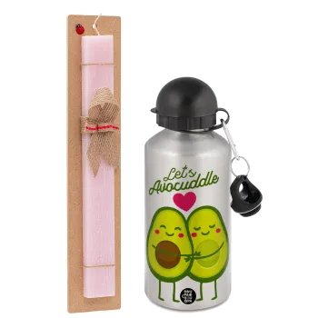 Let's avocuddle, Easter Set, metallic Silver aluminum water bottle (500ml) & scented flat Easter candle (30cm) (PINK)