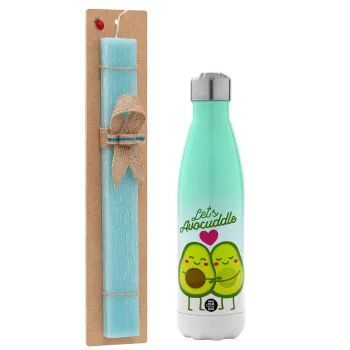 Let's avocuddle, Easter Set, Metallic green/white thermos (Stainless steel), double-walled, 500ml & scented flat Easter candle (30cm) (TURQUOISE)