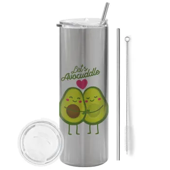 Let's avocuddle, Tumbler ποτήρι θερμό Ασημένιο από ανοξείδωτο ατσάλι 600ml, με μεταλλικό καλαμάκι & βούρτσα καθαρισμού