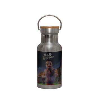  Hello Neighbor, Stainless steel metallic thermos flask, silver with a bamboo lid, double-walled, 350ml.