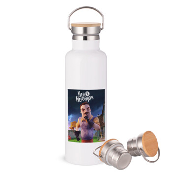  Hello Neighbor, Μεταλλικό παγούρι θερμός (Stainless steel) Λευκό με ξύλινο καπάκι (bamboo), διπλού τοιχώματος, 750ml