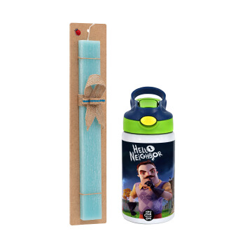  Hello Neighbor, Easter Set, Children's thermal stainless steel bottle with safety straw, green/blue (350ml) & aromatic flat Easter candle (30cm) (TURQUOISE)