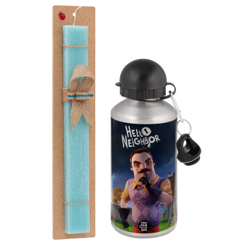  Hello Neighbor, Easter Set, metallic silver aluminum water bottle (500ml) & scented flat Easter candle (30cm) (TURQUOISE)