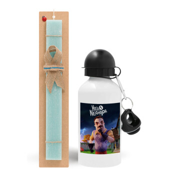  Hello Neighbor, Easter Set, metallic aluminum water bottle (500ml) & scented flat candle (30cm) (TURQUOISE)