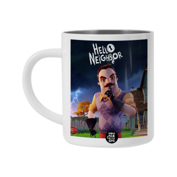  Hello Neighbor, Λευκή Ανοξείδωτη Μεταλλική Κούπα 450ml - Διπλού Τοιχώματος 