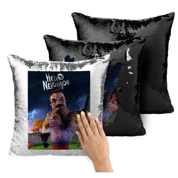  Hello Neighbor, Μαξιλάρι καναπέ Μαγικό Μαύρο με πούλιες 40x40cm περιέχεται το γέμισμα