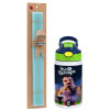 Easter Set, Children's thermal stainless steel bottle with safety straw, green/blue (350ml) & aromatic flat Easter candle (30cm) (TURQUOISE)